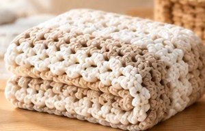 Neutral Classic palette: a folded striped crochet baby blanket in cream, beige and taupe.