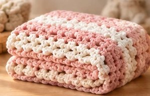 Soft Pink palette: a folded striped crochet baby blanket in rose, blush pink and cream.