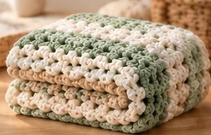 Sage Green palette: a folded striped crochet baby blanket in sage green, cream and tan.