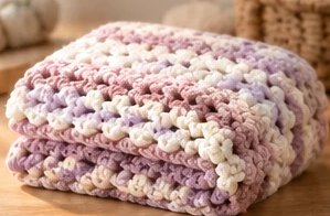 Lavender palette: a folded striped crochet baby blanket in lavender, lilac and white.
