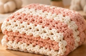 Peach palette: a folded striped crochet baby blanket in coral, peach and cream.