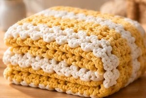 Sunshine palette: a folded striped crochet baby blanket in mustard yellow, butter yellow and cream.
