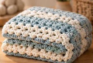 Modern Unisex palette: a folded striped crochet baby blanket in dusty blue, sage and cream.