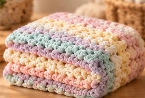 Pastel Rainbow palette: a folded striped crochet baby blanket in pink, mint, lavender, butter yellow and cream.