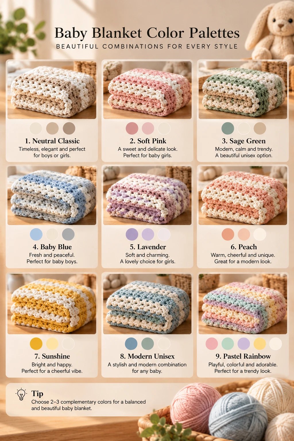 Nine folded striped crochet baby blankets, each shown with its colour swatches: cream, beige and taupe; rose, blush and cream; sage, cream and tan; blue, cream and grey; lavender, lilac and white; coral, peach and cream; mustard, butter yellow and cream; dusty blue, sage and cream; and pink, mint, lavender, butter yellow and cream.