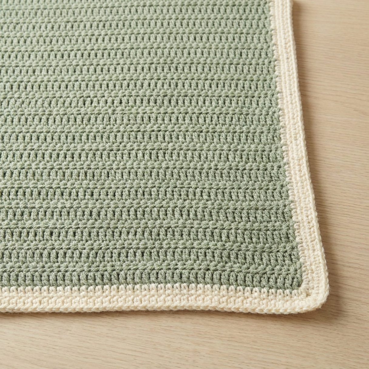 Illustration of one corner of a sage-green half double crochet blanket with a flat ivory single crochet border turning a right angle.