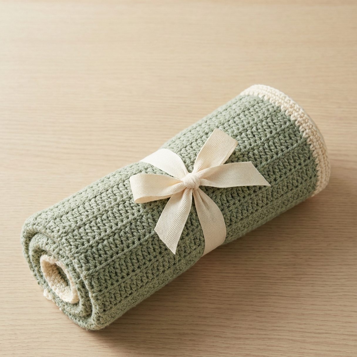 Illustration of the sage-green blanket rolled up and tied with a cream cotton ribbon bow, ready to give.