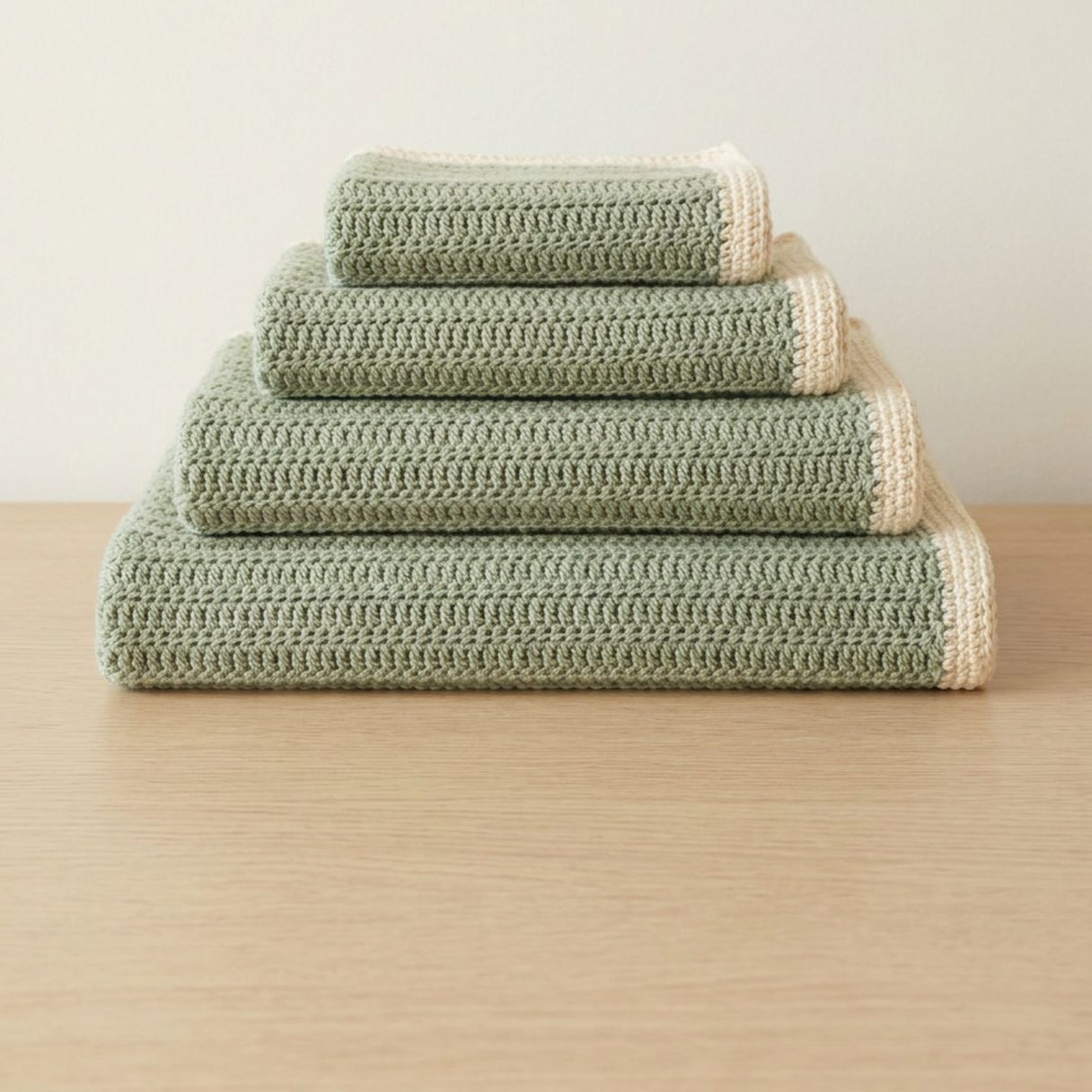 Illustration of four folded sage-green crochet blankets with ivory borders, stacked from largest to smallest.