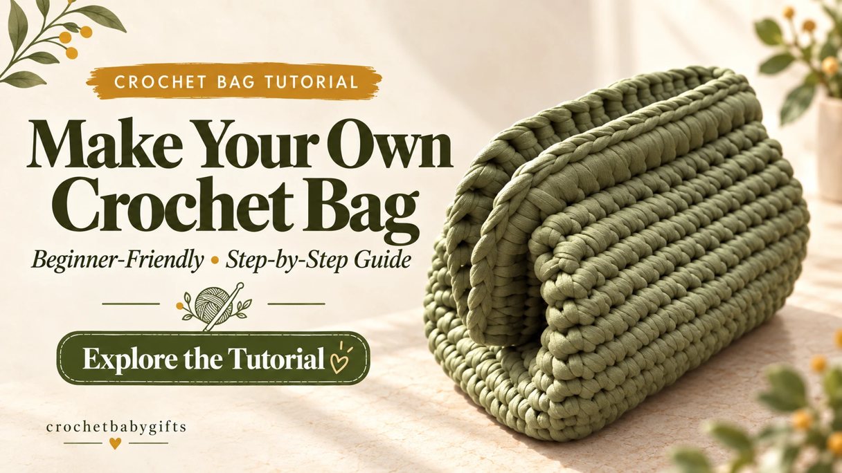A chunky sage green crochet clutch with a rolled top edge, beside the words Make Your Own Crochet Bag.
