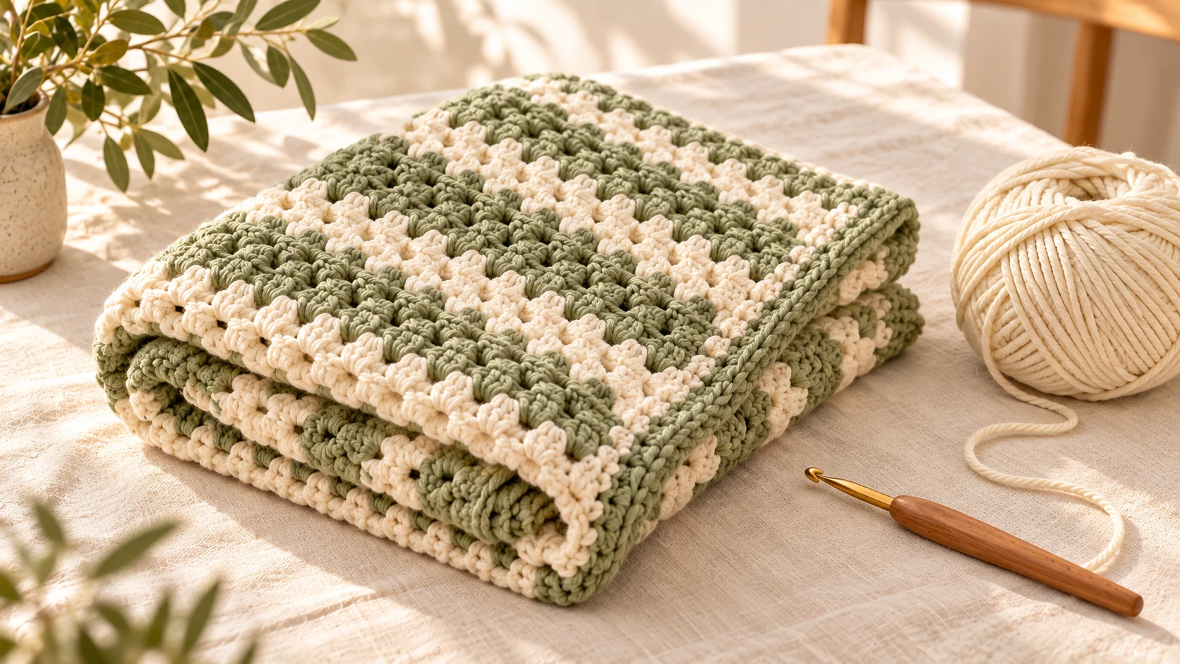 Folded sage and cream crochet blanket on a craft table beside yarn and a hook.