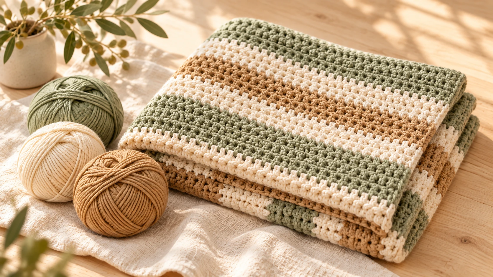 Folded sage, cream and tan striped crochet blanket beside matching yarn balls.