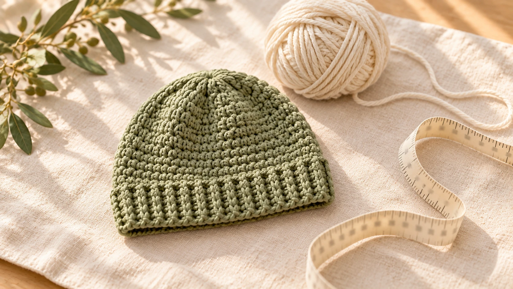 Plain sage crochet baby hat laid flat beside a measuring tape and cream yarn.
