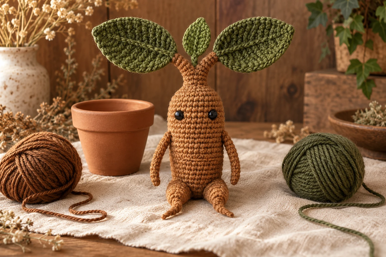 Illustration of a brown crochet mandrake root character with green leaves beside a terracotta pot and yarn.