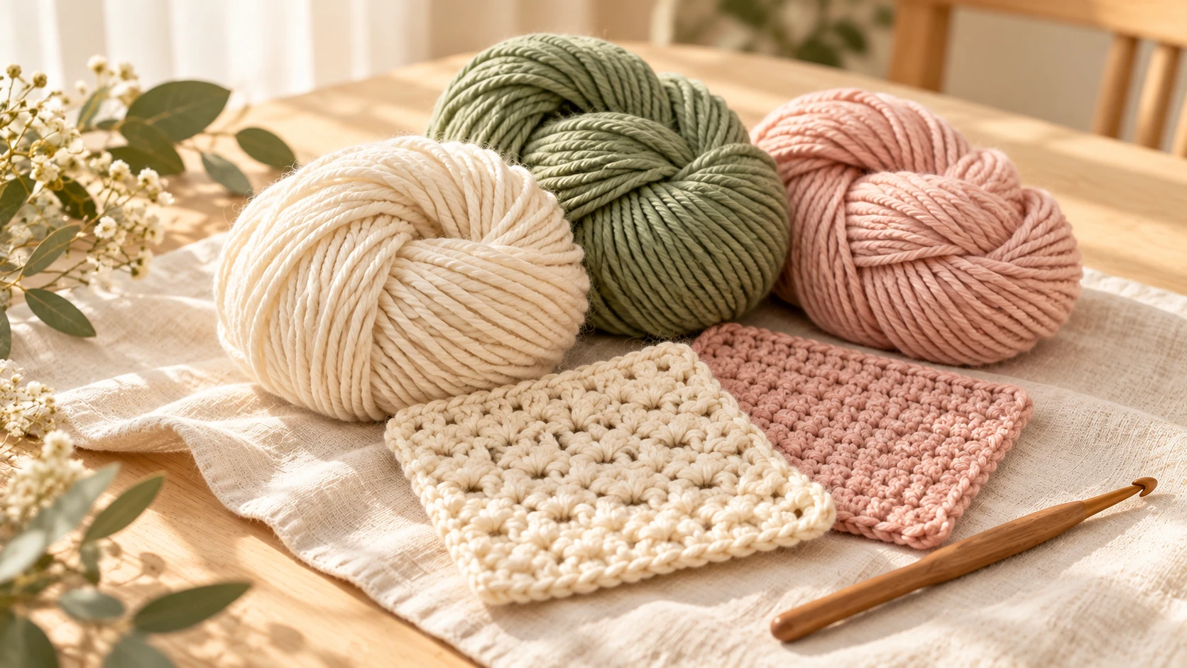 Cream, sage and blush yarn with crochet swatches on a pale oak surface.