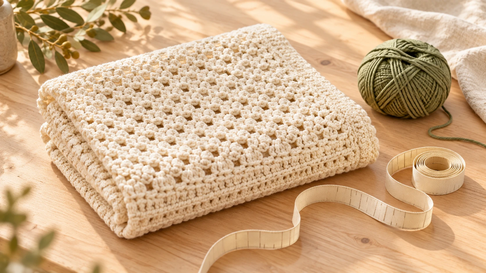Folded cream crochet blanket with a measuring tape on a pale wooden table.