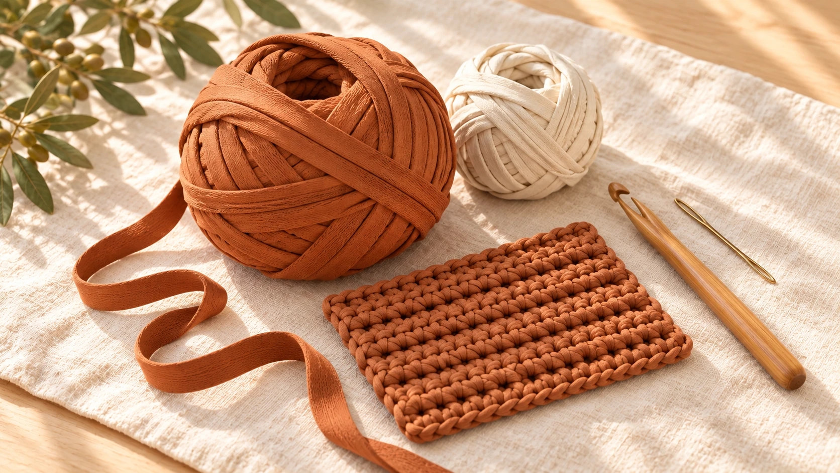 Terracotta ribbon yarn, a reverse-side crochet swatch, large hook and yarn needle on a cream tabletop.