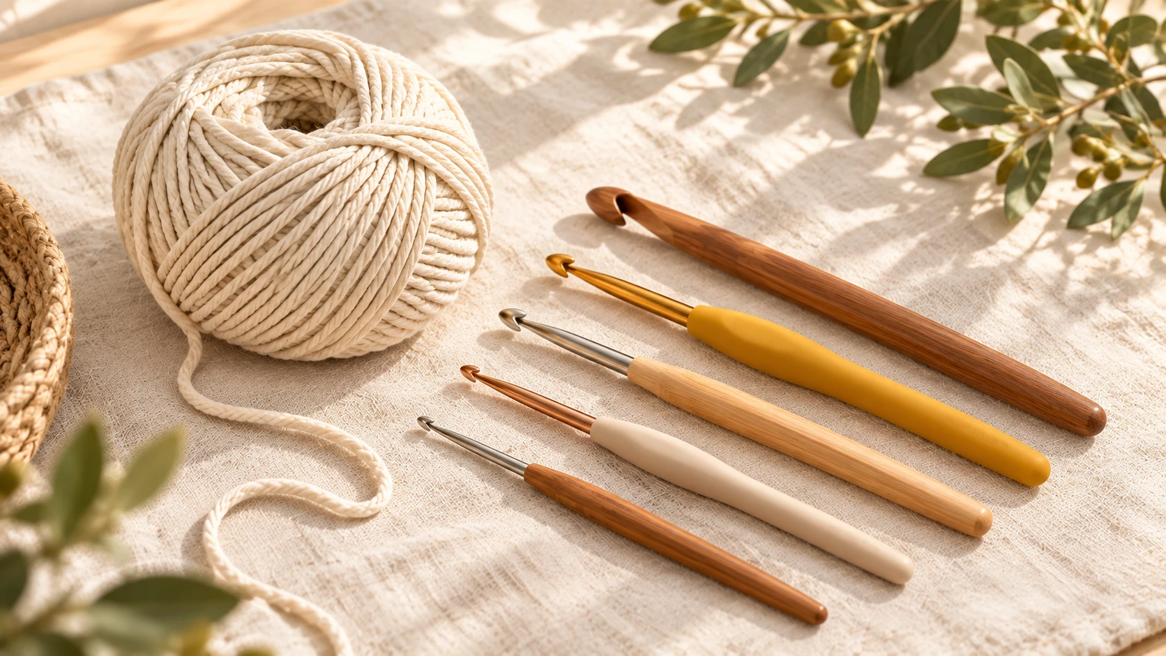 Crochet hooks in several sizes arranged beside cream yarn.