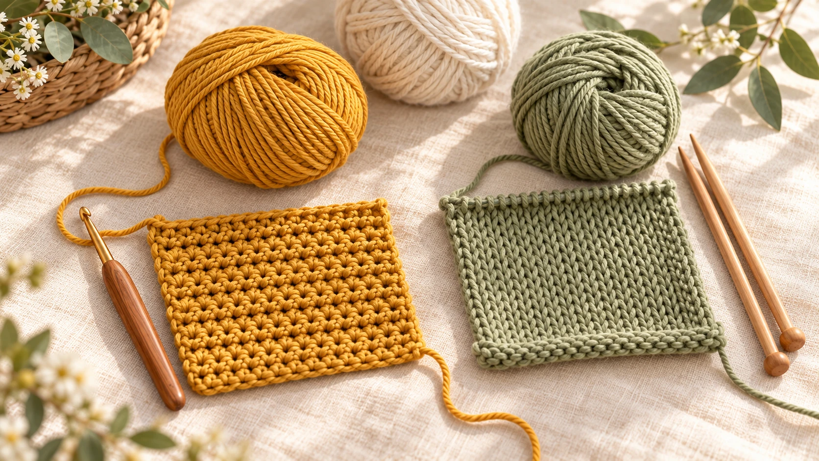 Mustard crochet swatch and hook beside a sage knitted swatch and knitting needles.