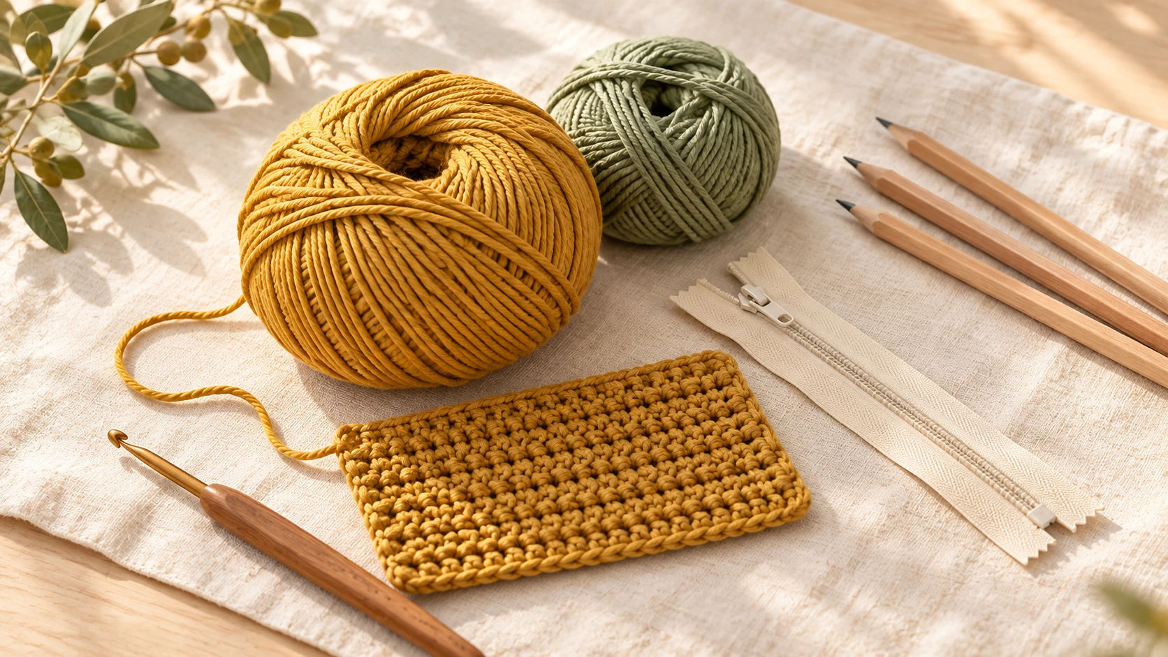 Mustard and sage yarn, a crochet swatch, zipper, hook and pencils on ivory linen.