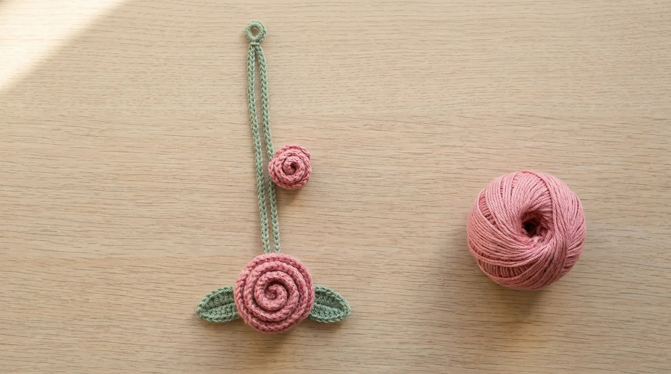 Illustration of a rose-pink crochet rose with two sage-green leaves and a small rosebud on a doubled sage-green cord, laid flat beside a ball of pink yarn.