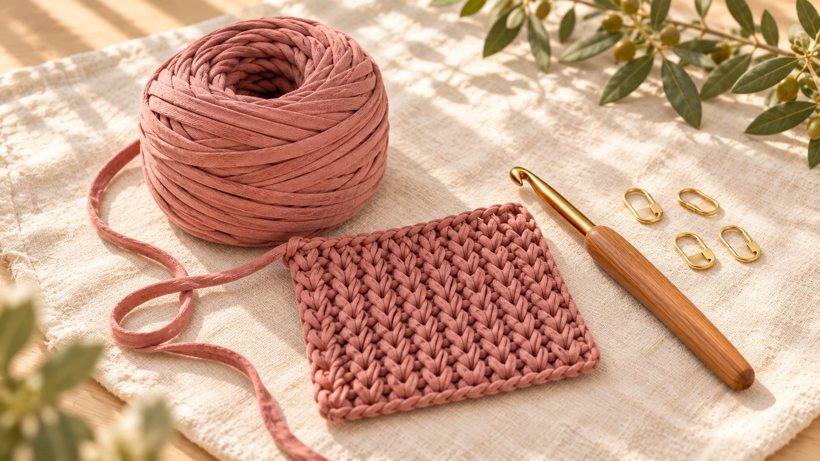 Dusty rose T-shirt yarn, a waistcoat-stitch swatch, crochet hook and stitch markers.