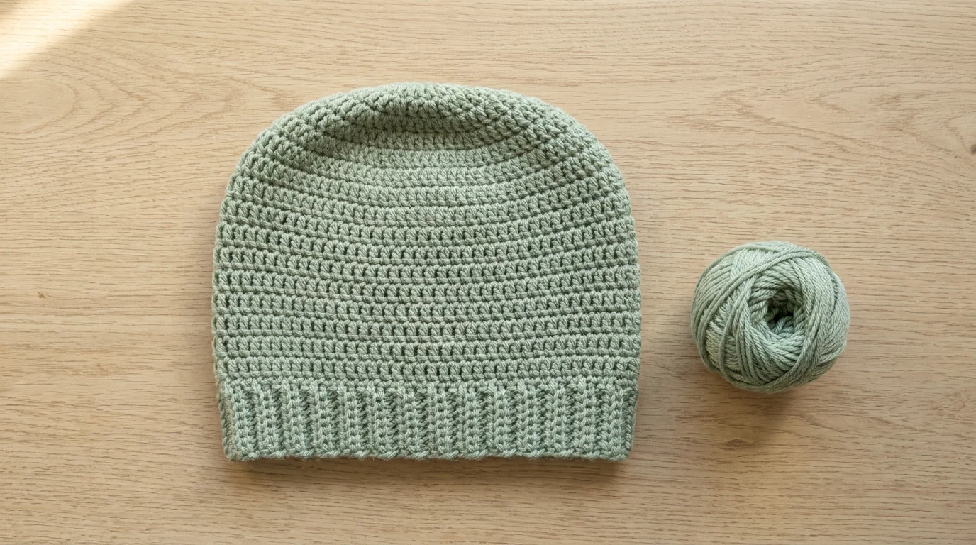 Illustration of a sage-green half double crochet baby hat with a ribbed brim, laid flat beside a ball of the same yarn.