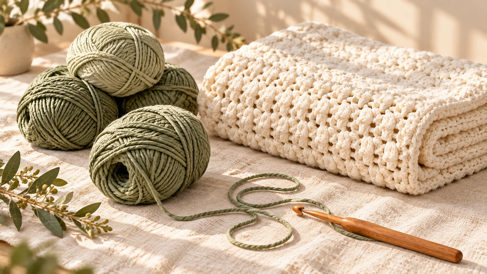 Sage yarn skeins and a crochet hook beside a folded ivory blanket.