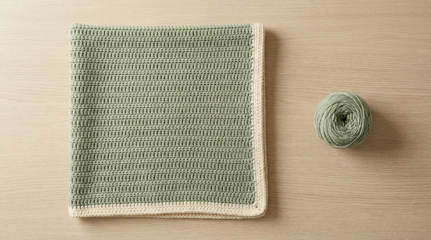 Illustration of a sage-green half double crochet baby blanket with an ivory border, folded beside a ball of yarn.