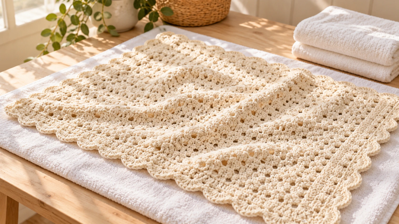 Crochet blanket laid flat on a clean towel on a laundry table.