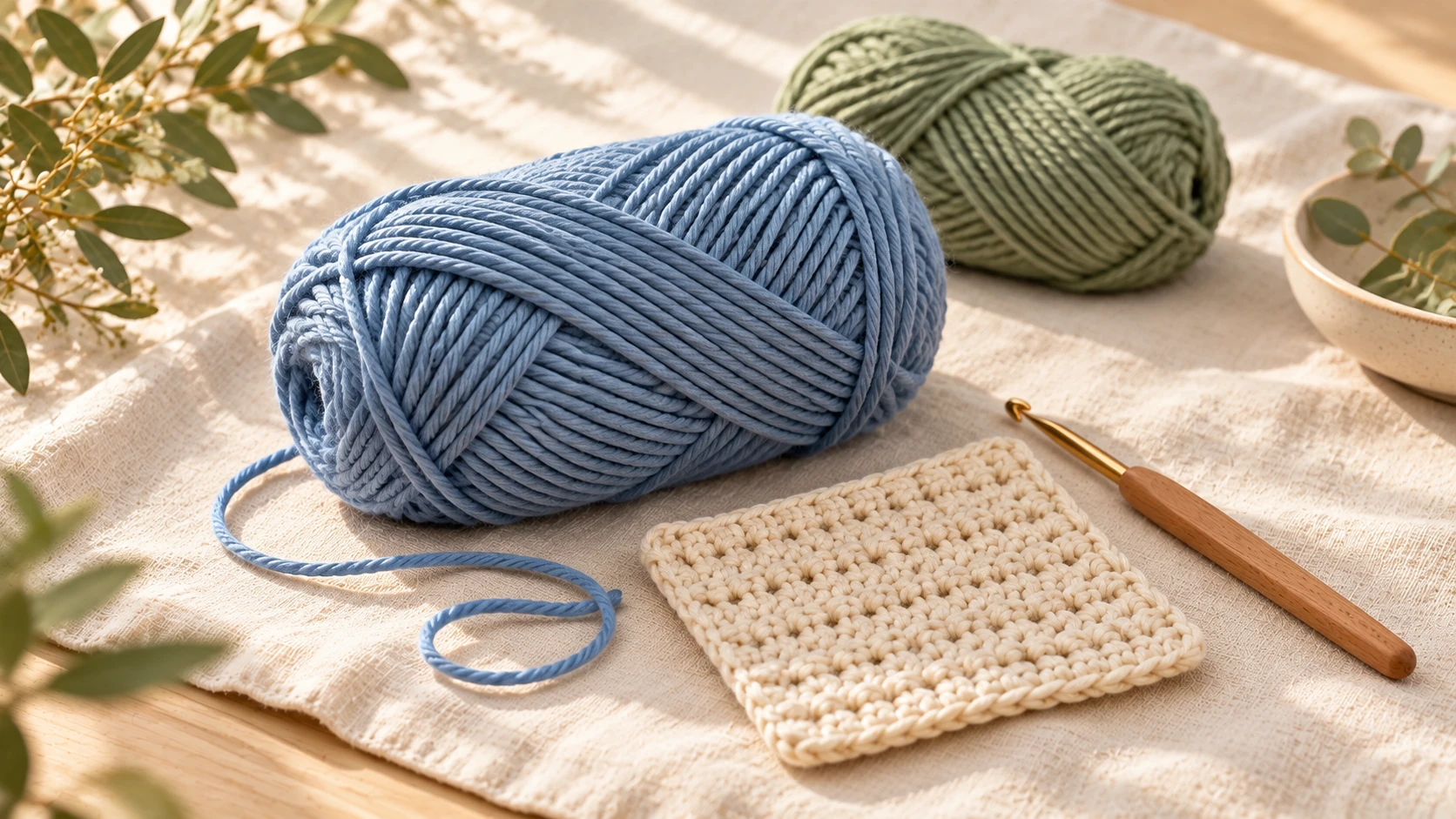 Dusty blue and sage yarn skeins beside a cream crochet swatch.