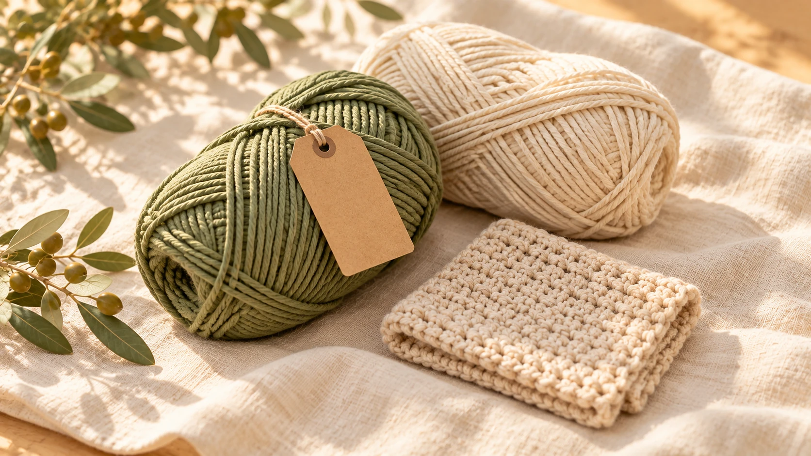 Yarn skeins, a crochet swatch and a blank kraft care tag on linen.