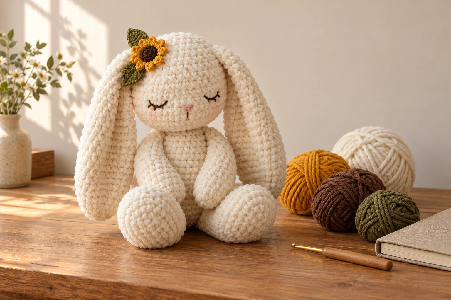 Illustration of a cream floppy-eared crochet bunny with one sunflower accent beside cream, gold, cocoa and olive yarn.