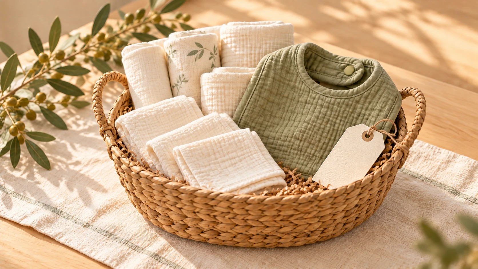 Basket of cream muslin cloths and a sage bib with a blank gift tag.