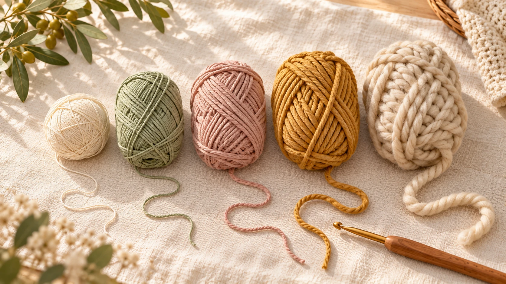 Yarn skeins in different thicknesses with loose strands on cream linen.